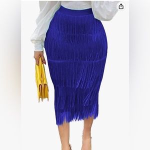 Elegant Blue Fringe Midi Skirt